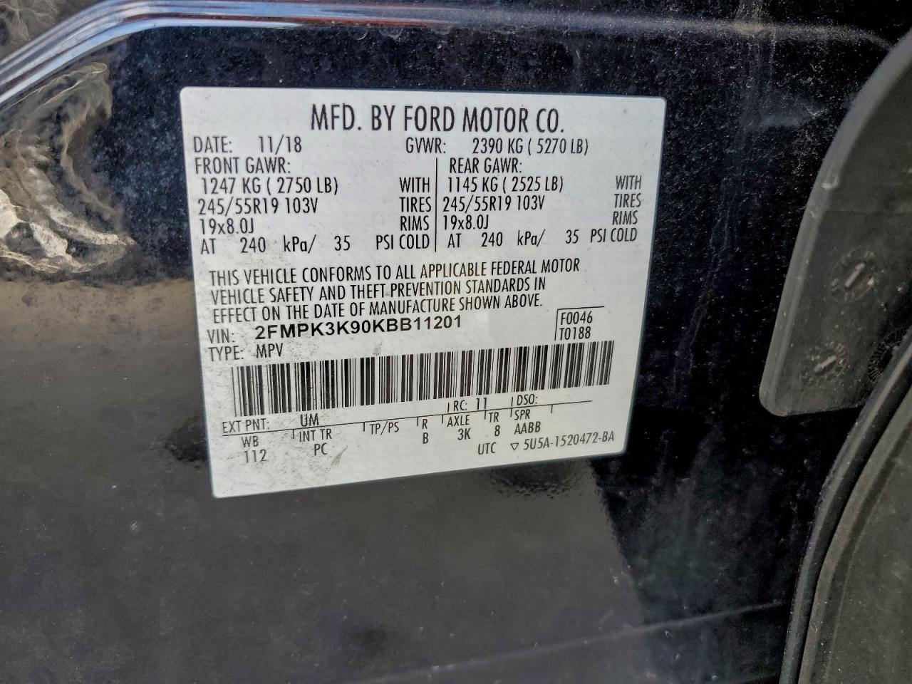 2019 Ford Edge Titanium VIN: 2FMPK3K90KBB11201 Lot: 95615945