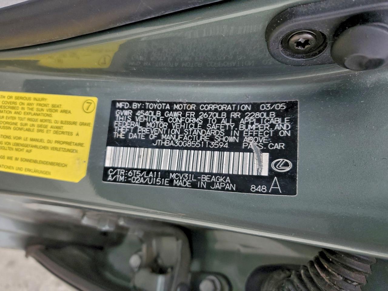 2005 Lexus Es 330 VIN: JTHBA30G855113594 Lot: 95232635