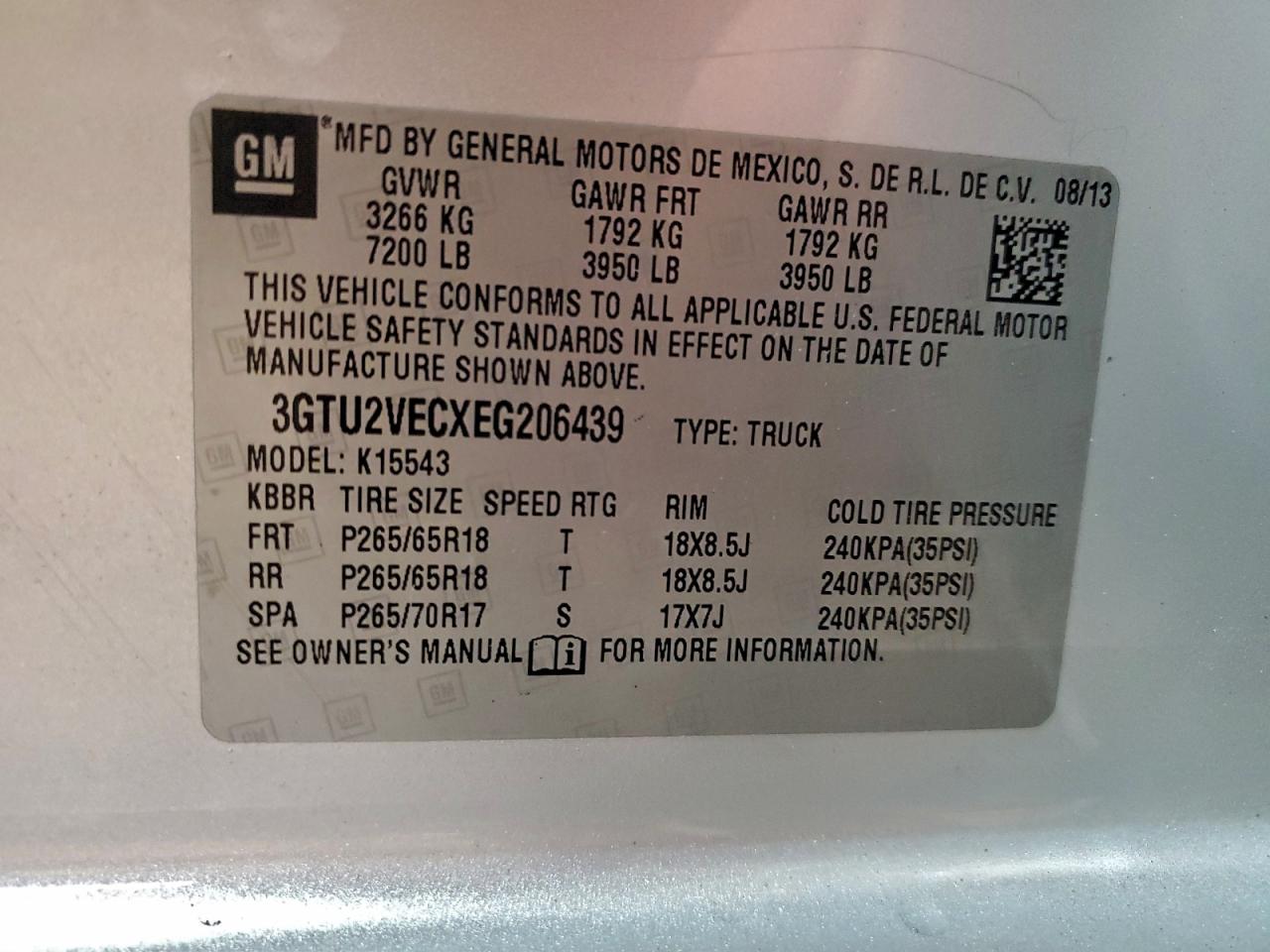 2014 GMC Sierra K1500 Slt VIN: 3GTU2VECXEG206439 Lot: 95693775