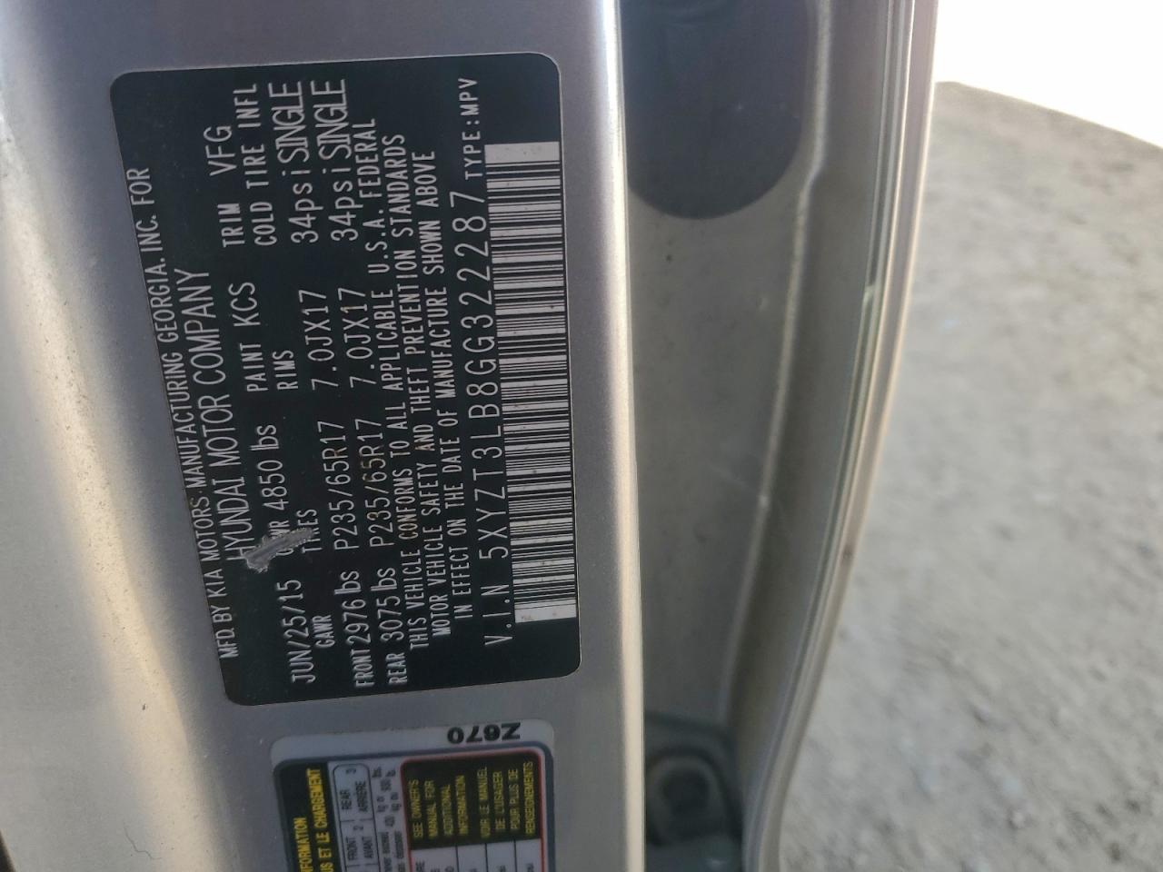 2016 Hyundai Santa Fe Sport VIN: 5XYZT3LB8GG322287 Lot: 96387025