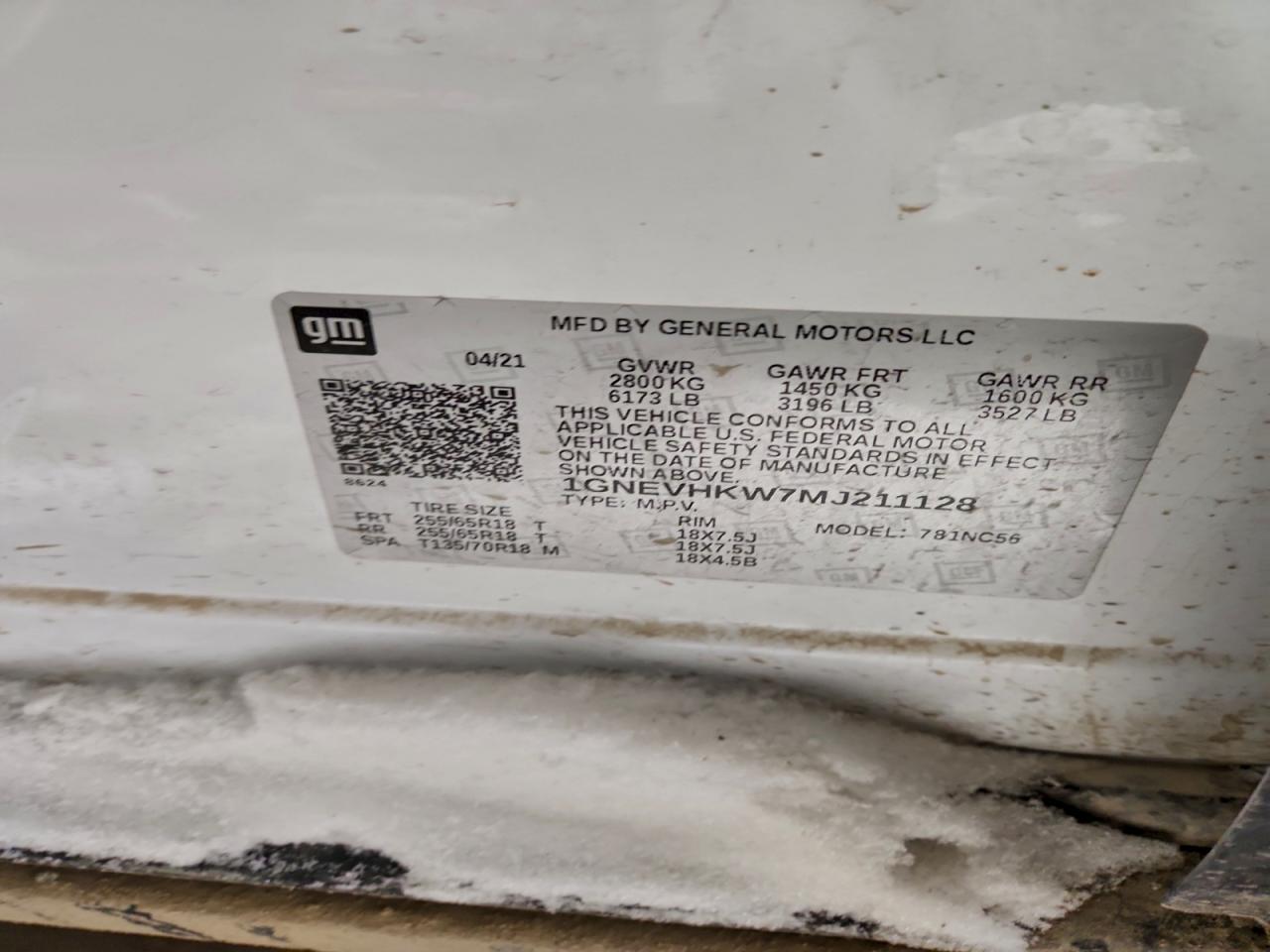 2021 Chevrolet Traverse Lt VIN: 1GNEVHKW7MJ211128 Lot: 94552655