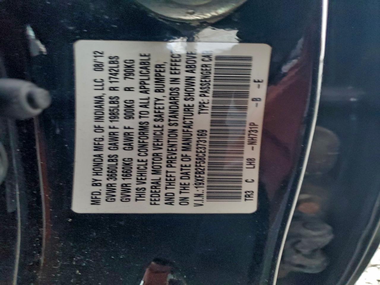 2012 Honda Civic Lx VIN: 19XFB2F58CE373169 Lot: 95931995