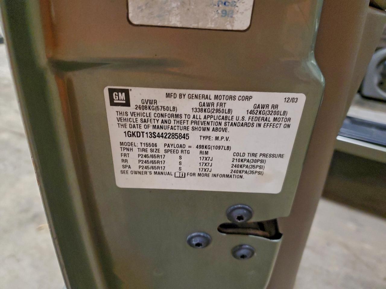 2004 GMC Envoy VIN: 1GKDT13S442285845 Lot: 96347975