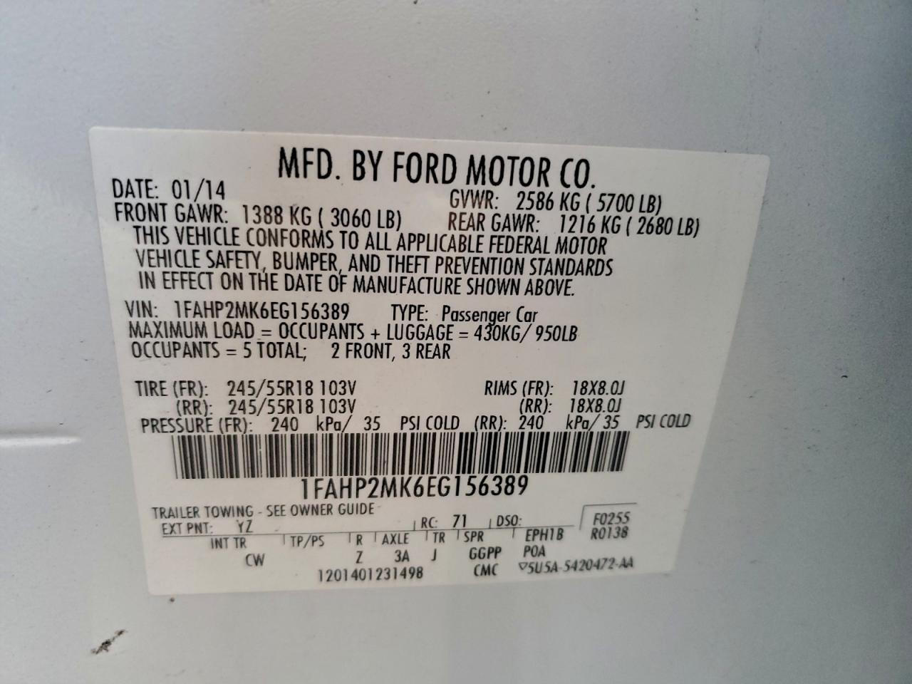 2014 Ford Taurus Police Interceptor VIN: 1FAHP2MK6EG156389 Lot: 95102085