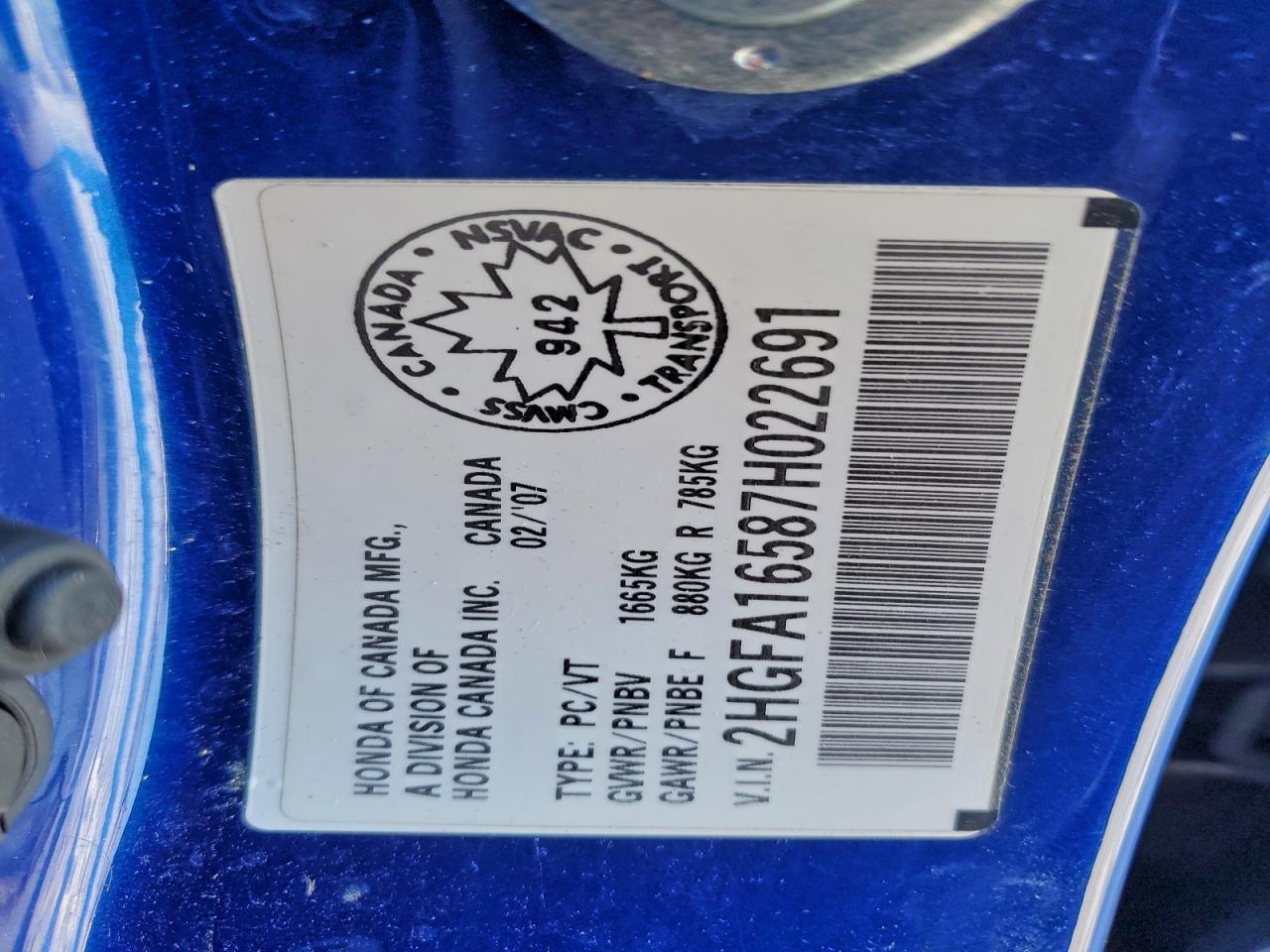 2007 Honda Civic Lx VIN: 2HGFA16587H022691 Lot: 94732915