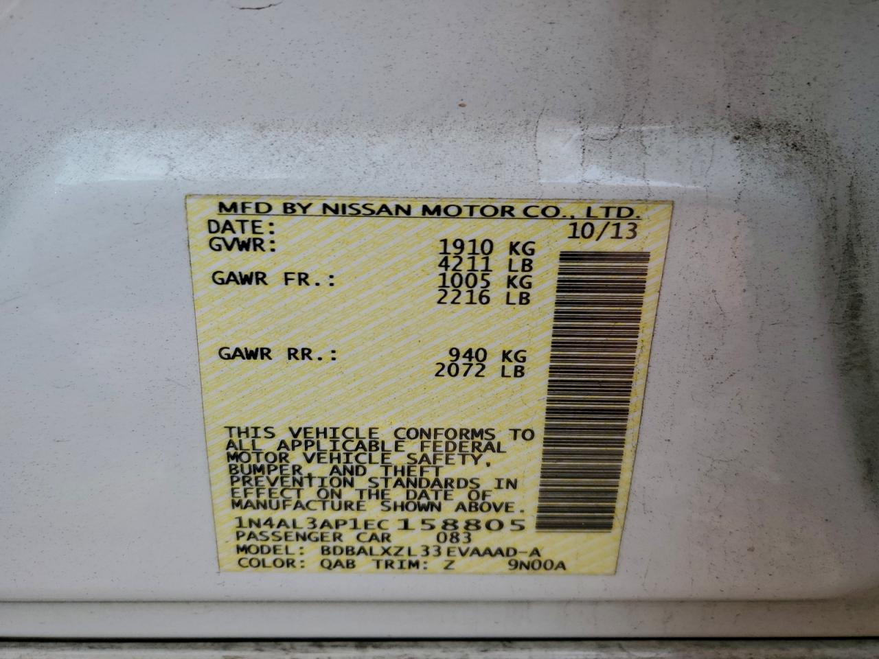 2014 Nissan Altima 2.5 VIN: 1N4AL3AP1EC158805 Lot: 95281275