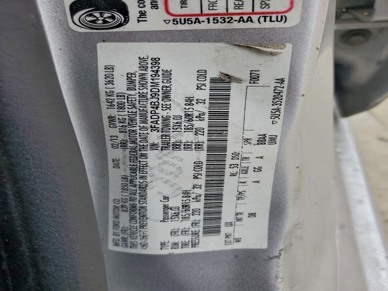 2013 Ford Fiesta Se VIN: 3FADP4BJ9DM194398 Lot: 96334555