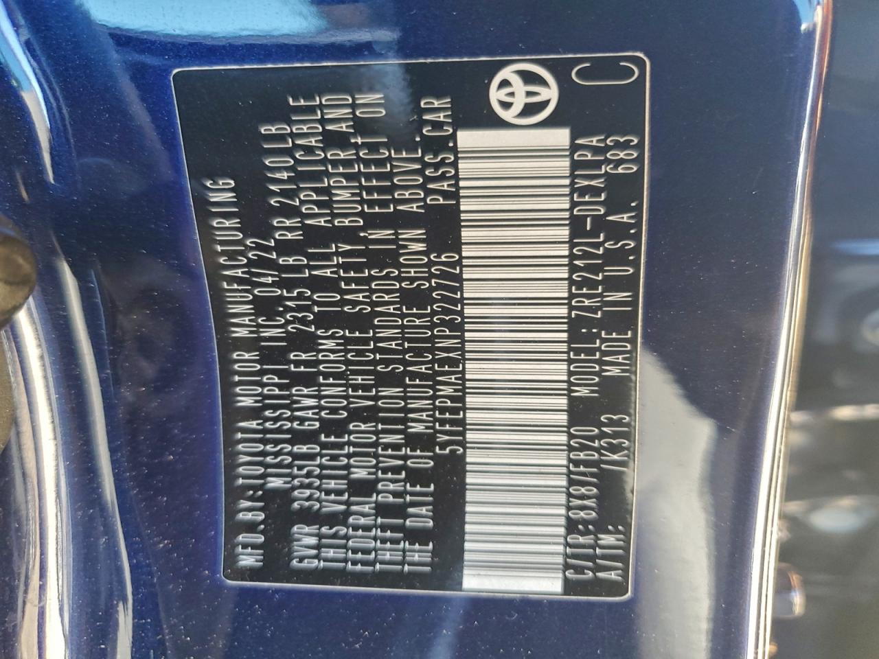 2022 Toyota Corolla Le VIN: 5YFEPMAEXNP322726 Lot: 95179025