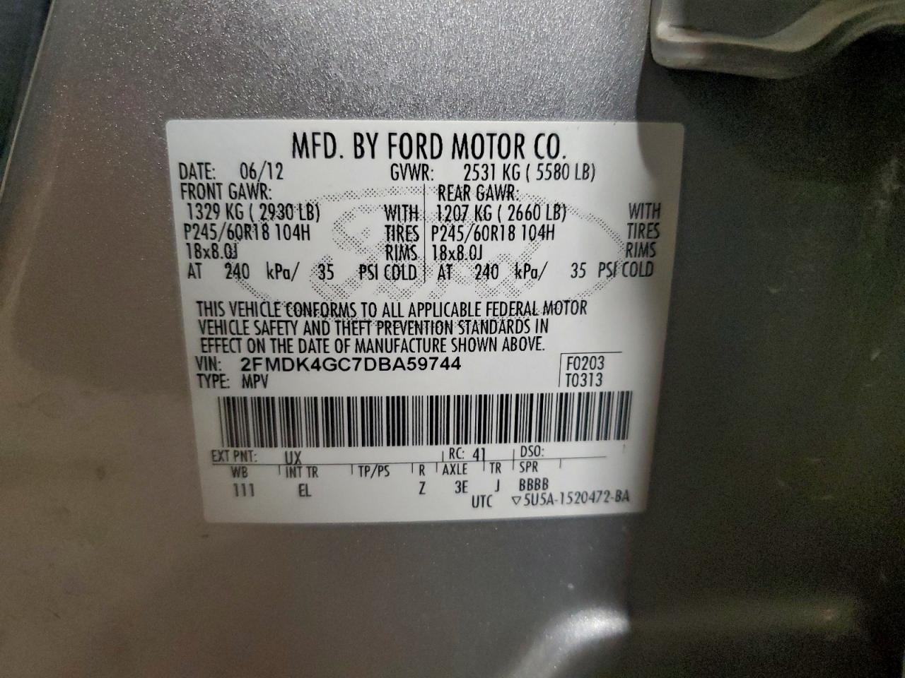 2013 Ford Edge Se VIN: 2FMDK4GC7DBA59744 Lot: 96334045