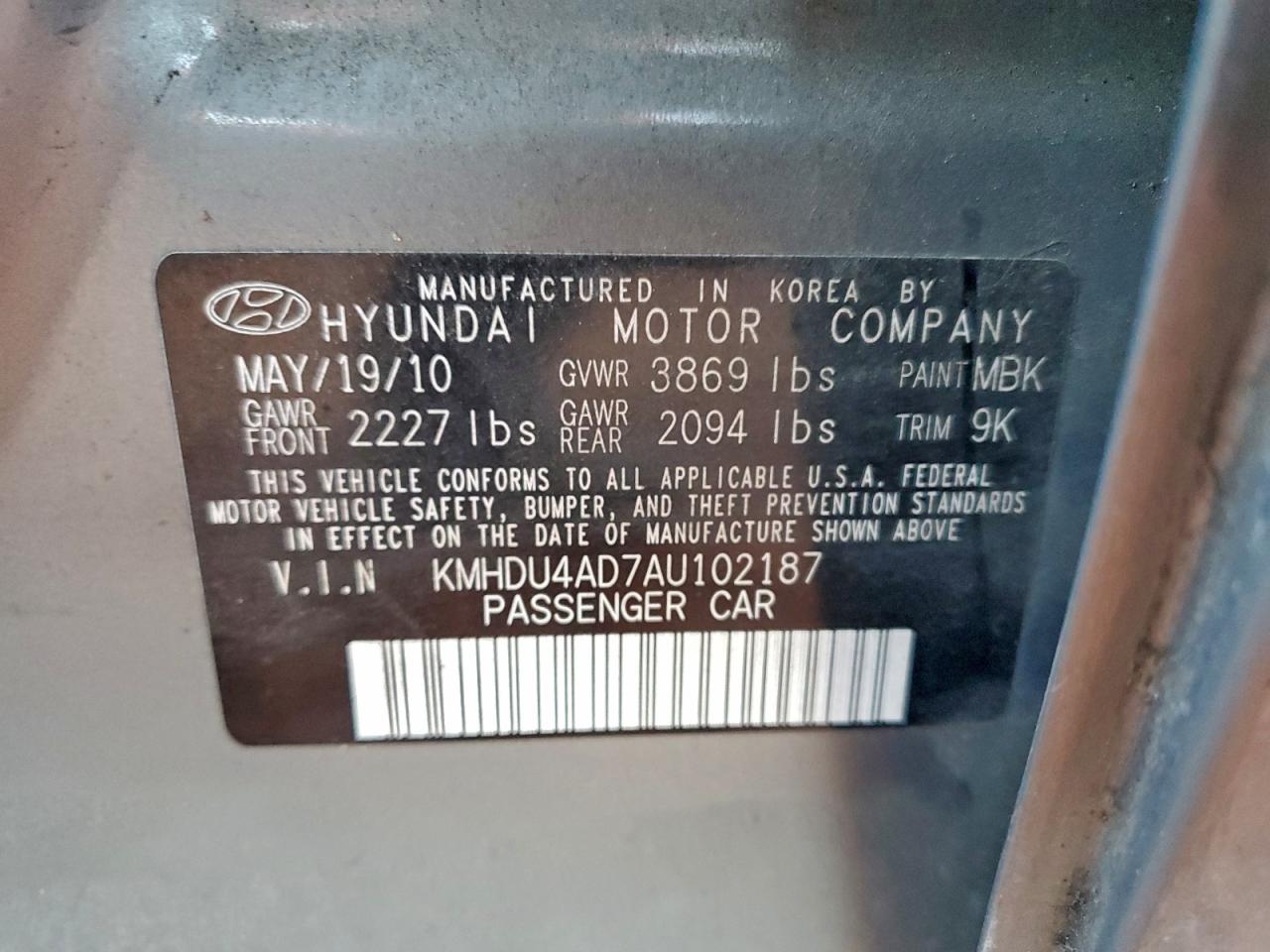 2010 Hyundai Elantra Blue VIN: KMHDU4AD7AU102187 Lot: 94725105