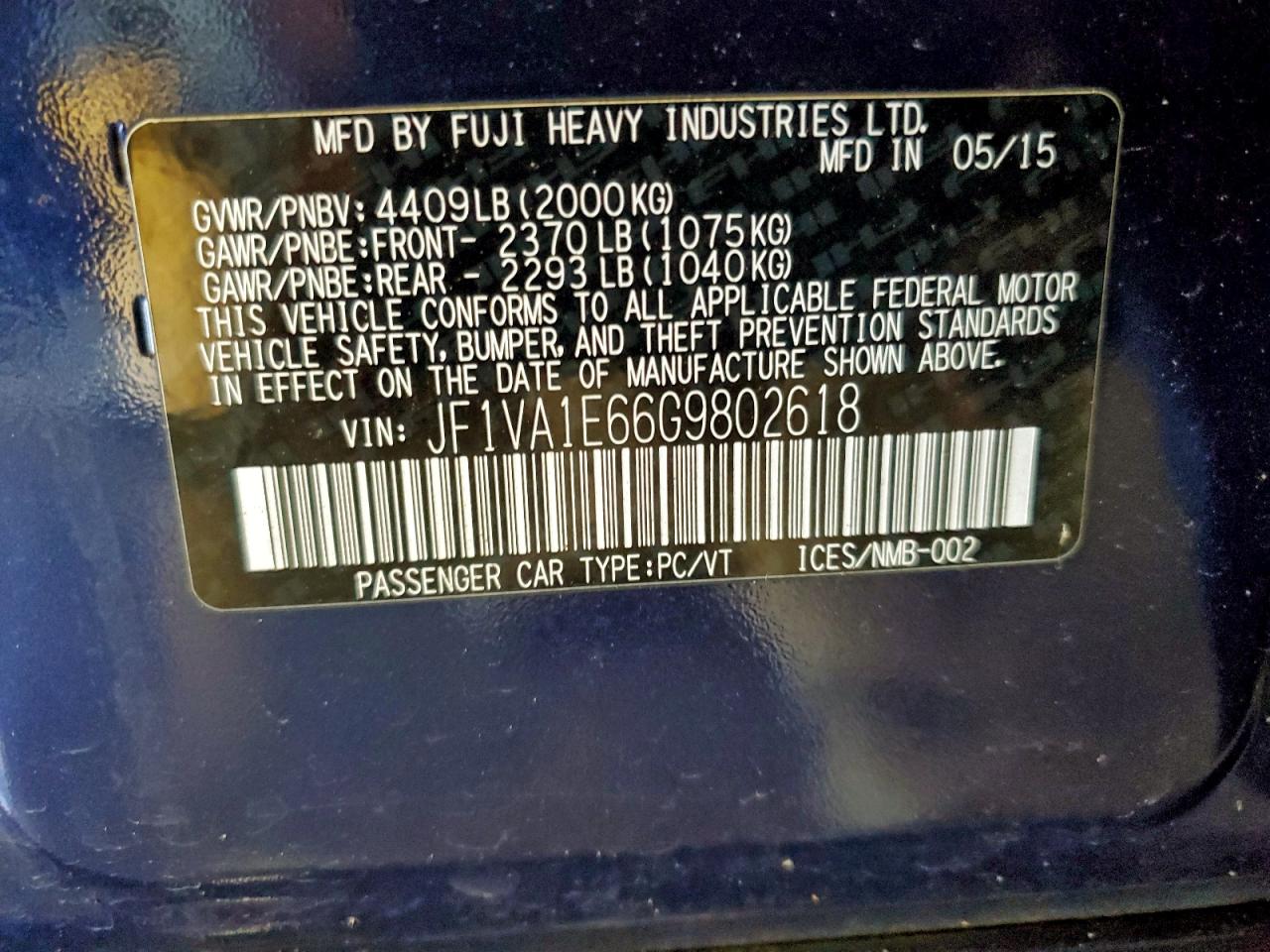 2016 Subaru Wrx Premium VIN: JF1VA1E66G9802618 Lot: 95267555