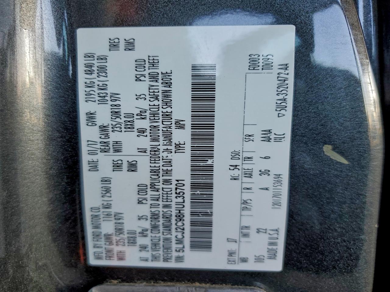 2017 Lincoln Mkc Select VIN: 5LMCJ2C98HUL35701 Lot: 92764675