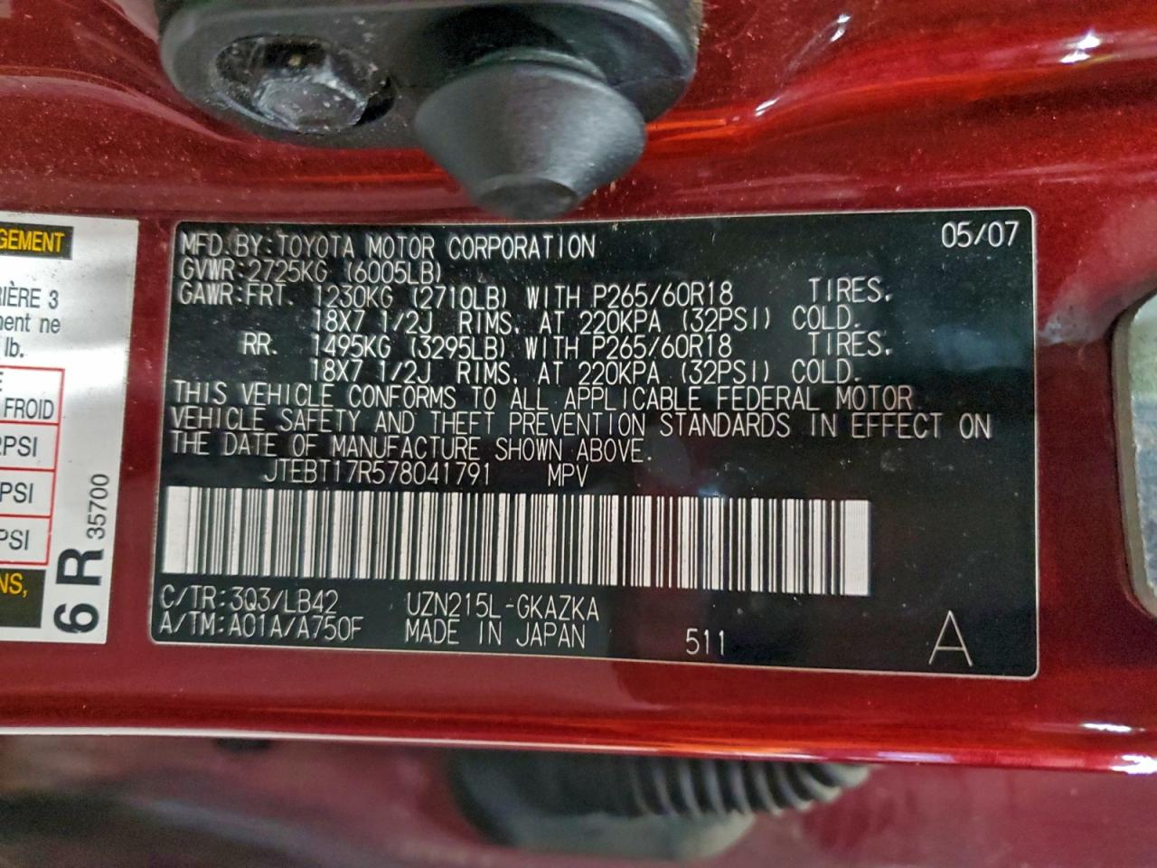 2007 Toyota 4Runner Limited VIN: JTEBT17R578041791 Lot: 96454435