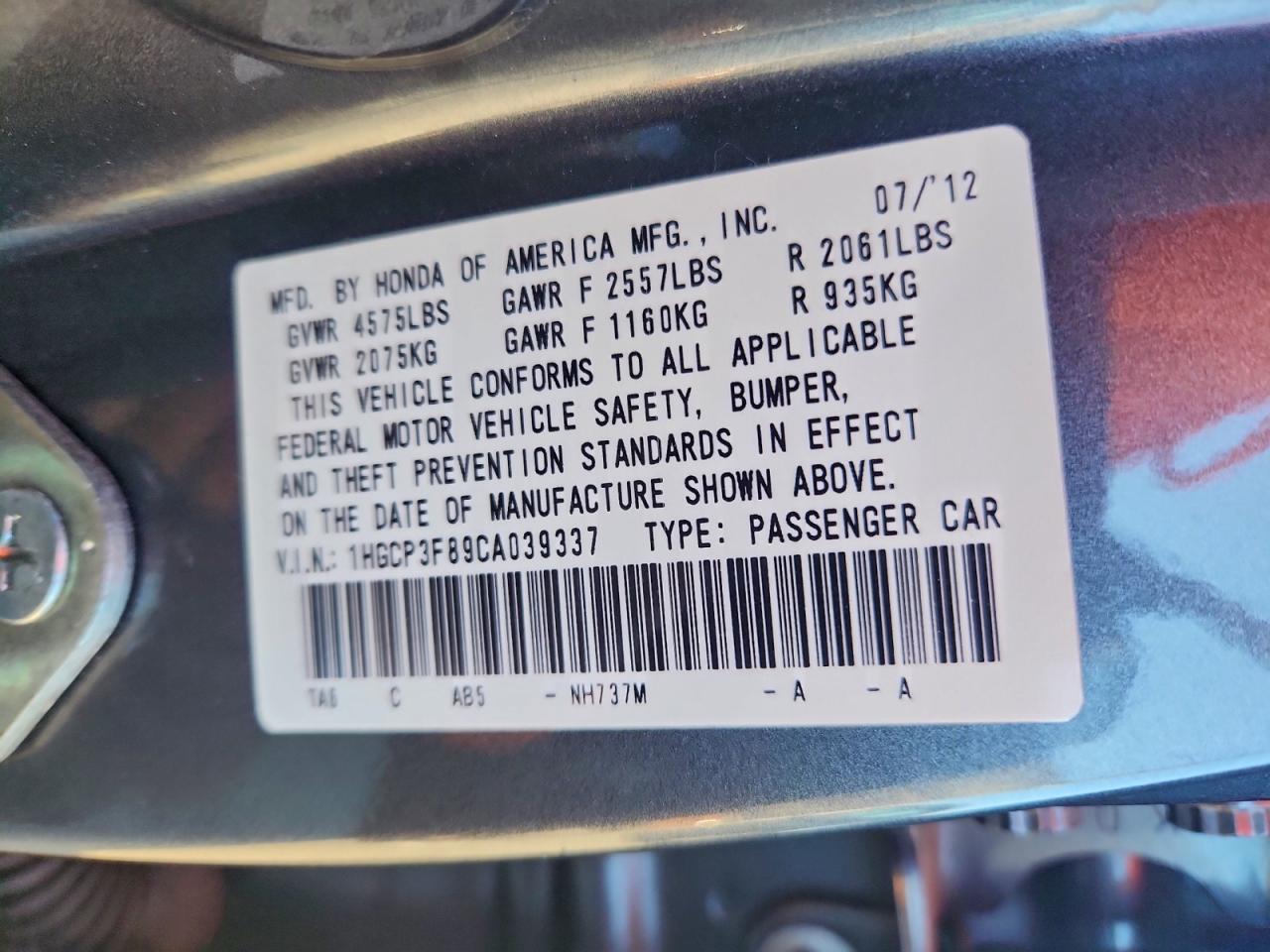 2012 Honda Accord Exl VIN: 1HGCP3F89CA039337 Lot: 96339265