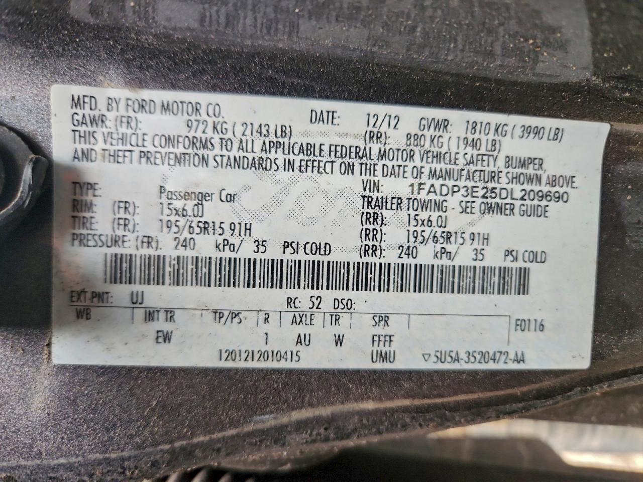 2013 Ford Focus S VIN: 1FADP3E25DL209690 Lot: 94957615