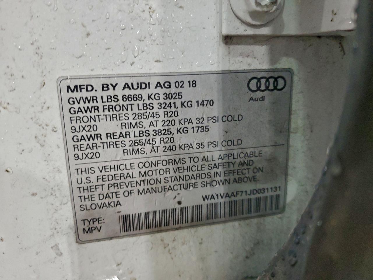 2018 Audi Q7 Prestige VIN: WA1VAAF71JD031131 Lot: 94945465