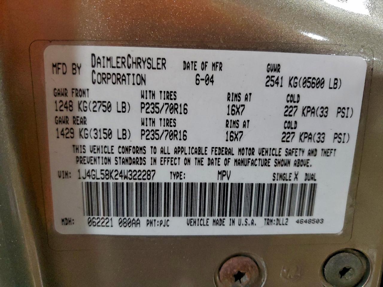 2004 Jeep Liberty Limited VIN: 1J4GL58K24W322287 Lot: 95184655