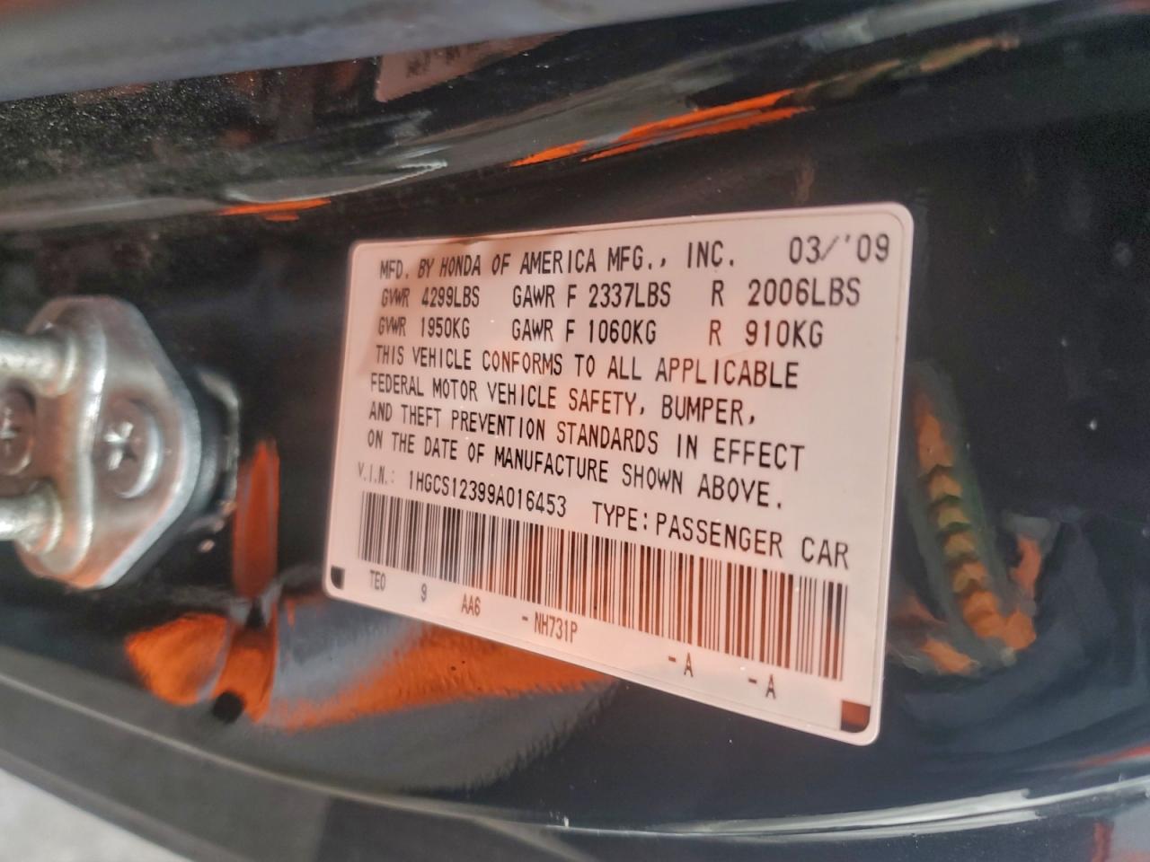 2009 Honda Accord Lx VIN: 1HGCS12399A016453 Lot: 95890835