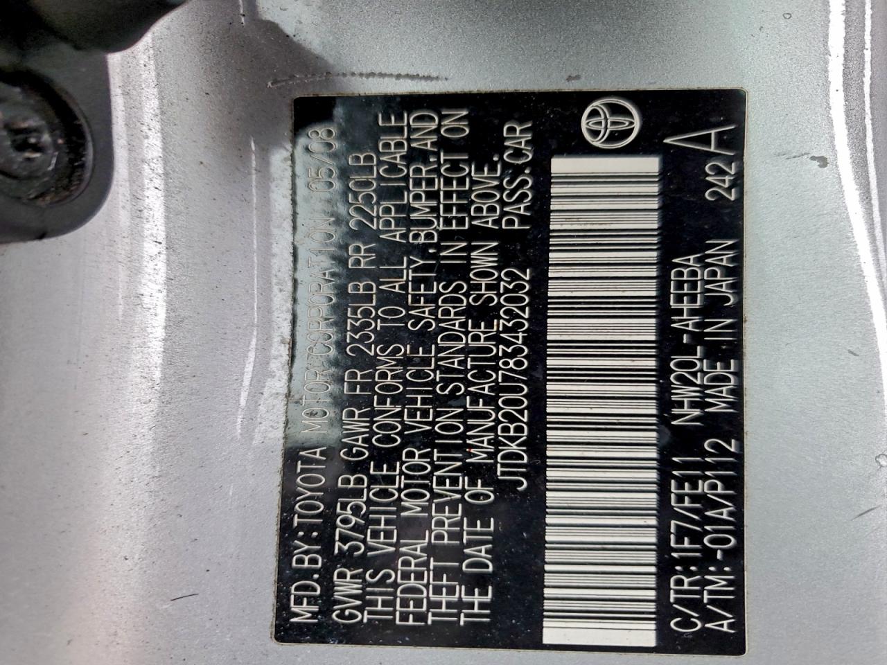 2008 Toyota Prius VIN: JTDKB20U783432032 Lot: 95677075