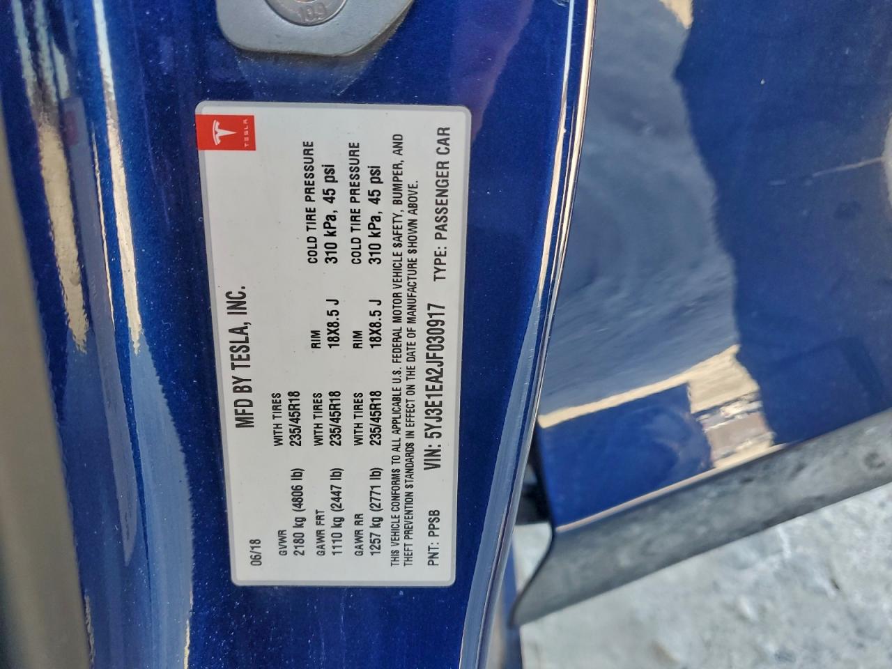 2018 Tesla Model 3 VIN: 5YJ3E1EA2JF030917 Lot: 96245385