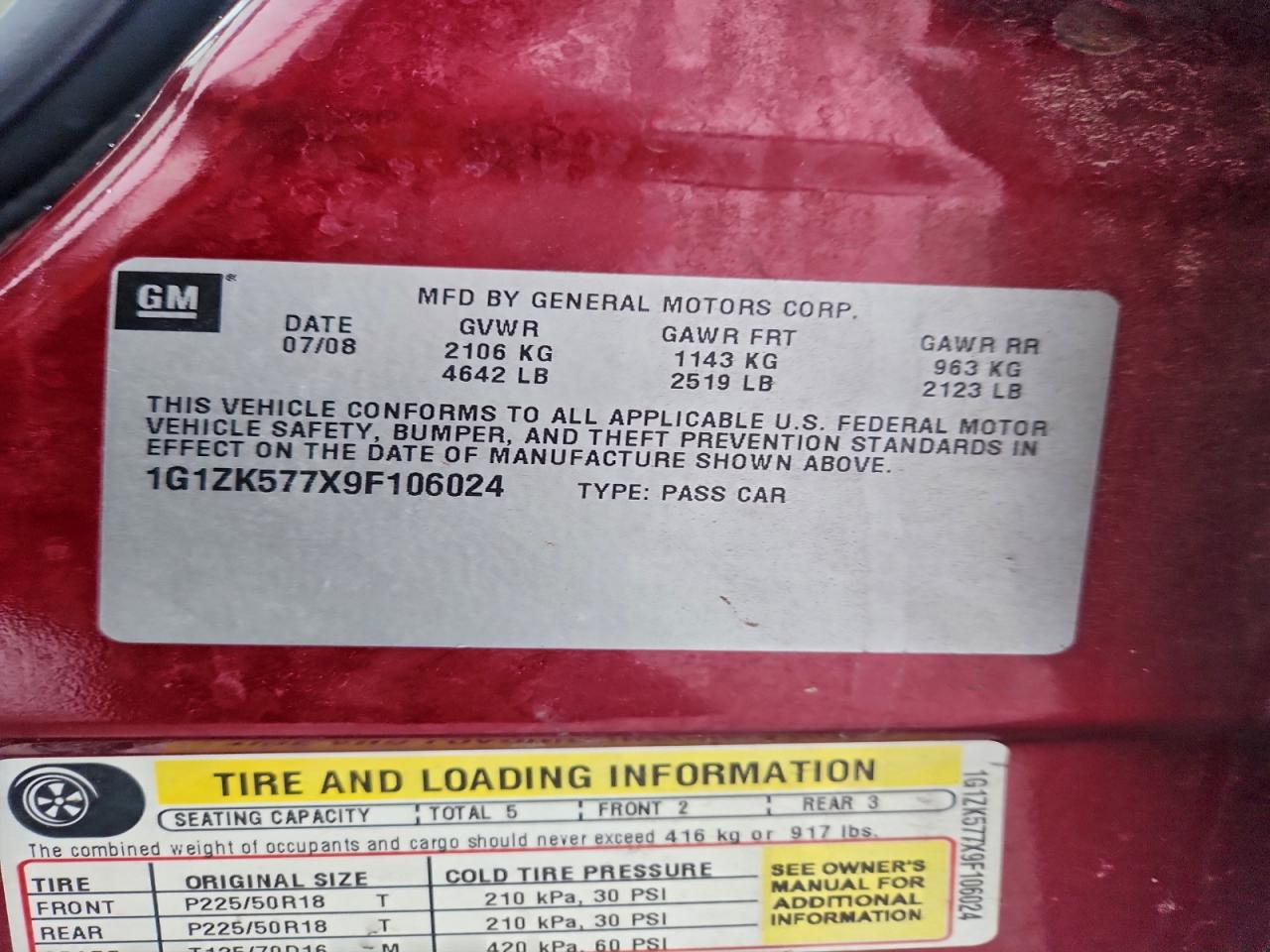 2009 Chevrolet Malibu Ltz VIN: 1G1ZK577X9F106024 Lot: 95243195