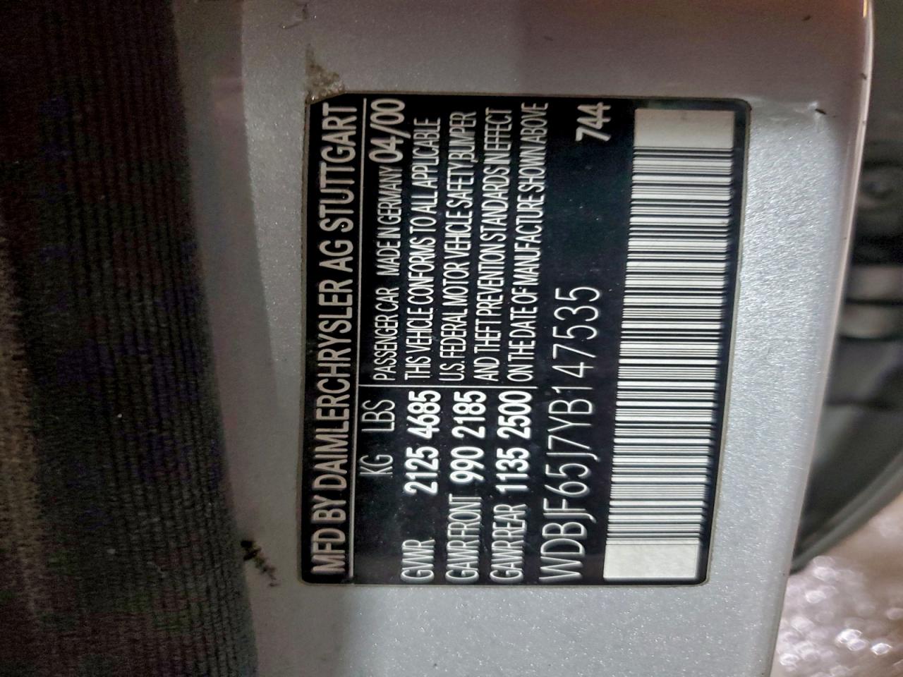 2000 Mercedes-Benz E 320 VIN: WDBJF65J7YB147535 Lot: 93742815