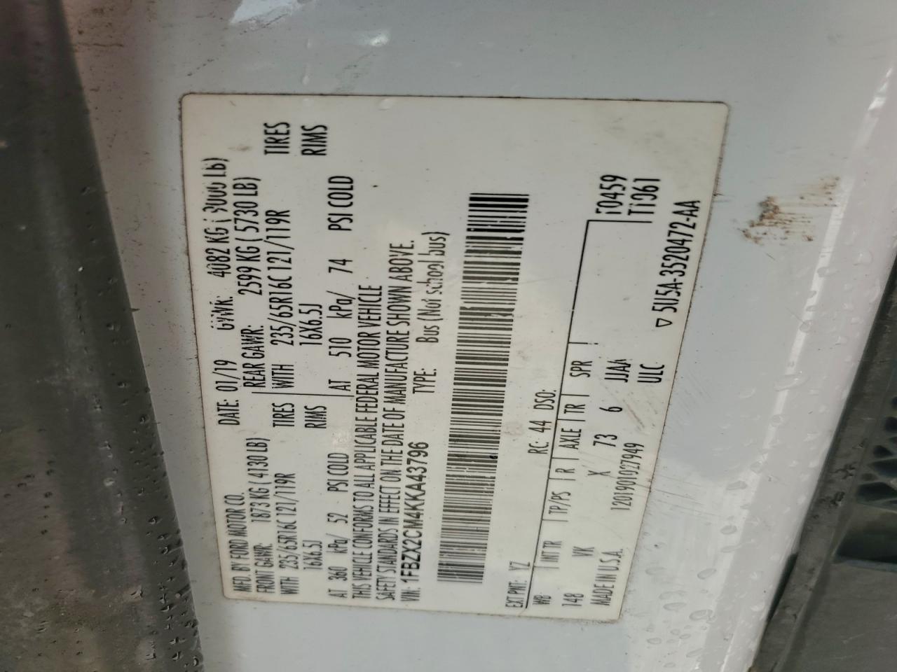 2019 Ford Transit T-350 VIN: 1FBZX2CM4KKA43796 Lot: 94321815