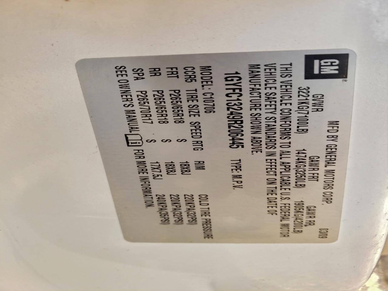 2009 Cadillac Escalade VIN: 1GYFC13249R206445 Lot: 96786825