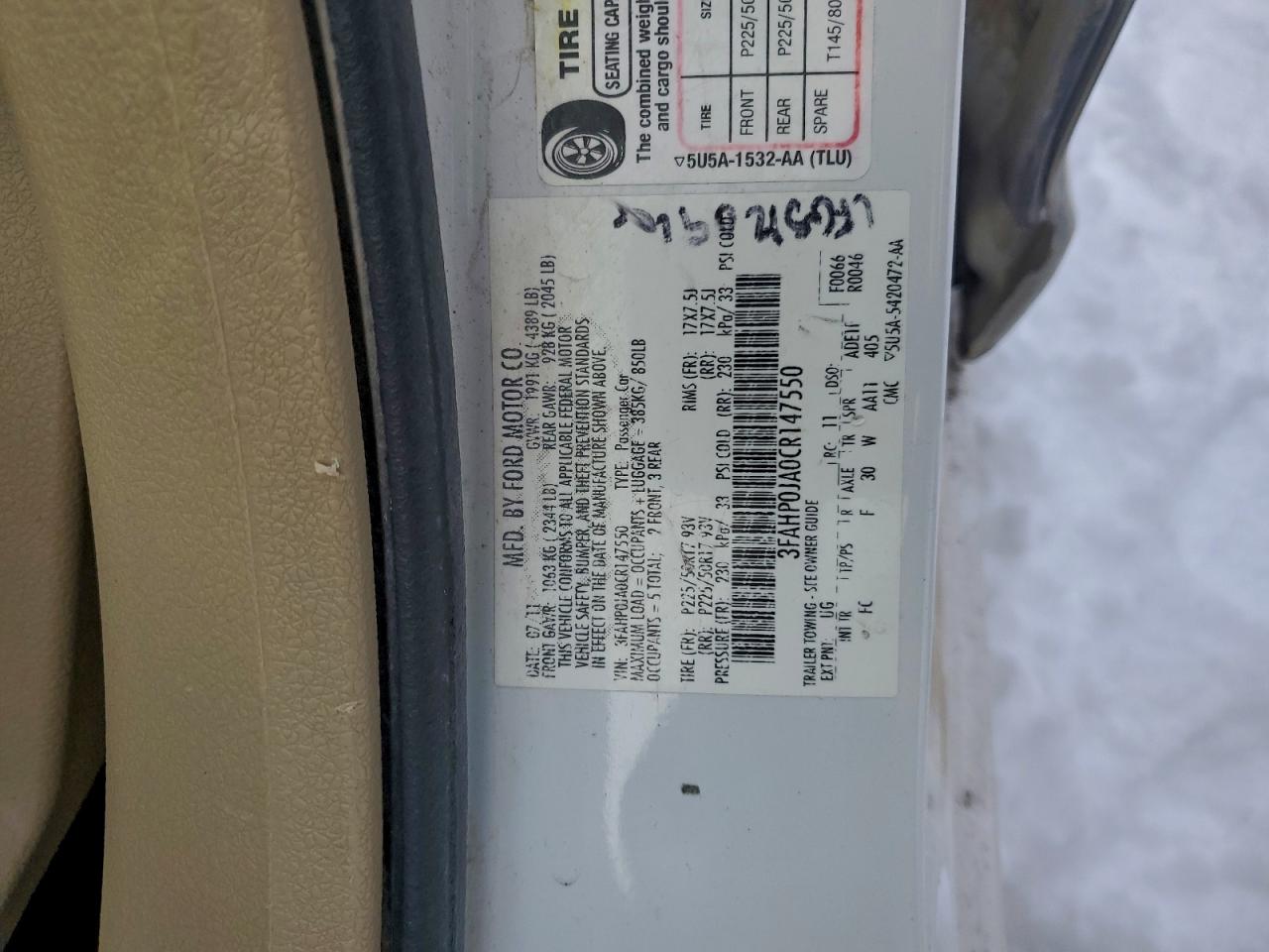 2012 Ford Fusion Sel VIN: 3FAHP0JA0CR147550 Lot: 94577755