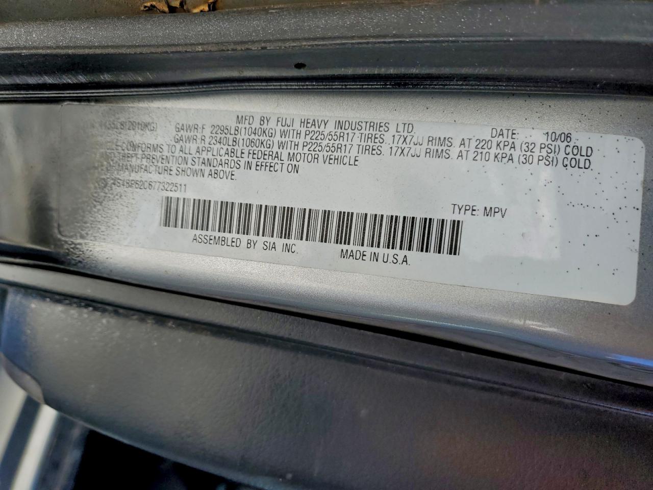 2007 Subaru Outback Outback 2.5I Limited VIN: 4S4BP62C677322511 Lot: 97108535