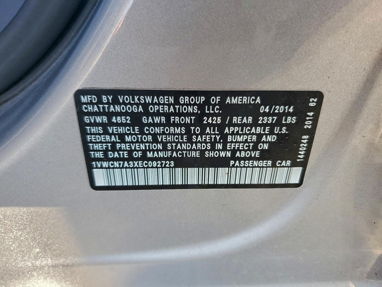 2014 Volkswagen Passat Sel VIN: 1VWCN7A3XEC092723 Lot: 95011775