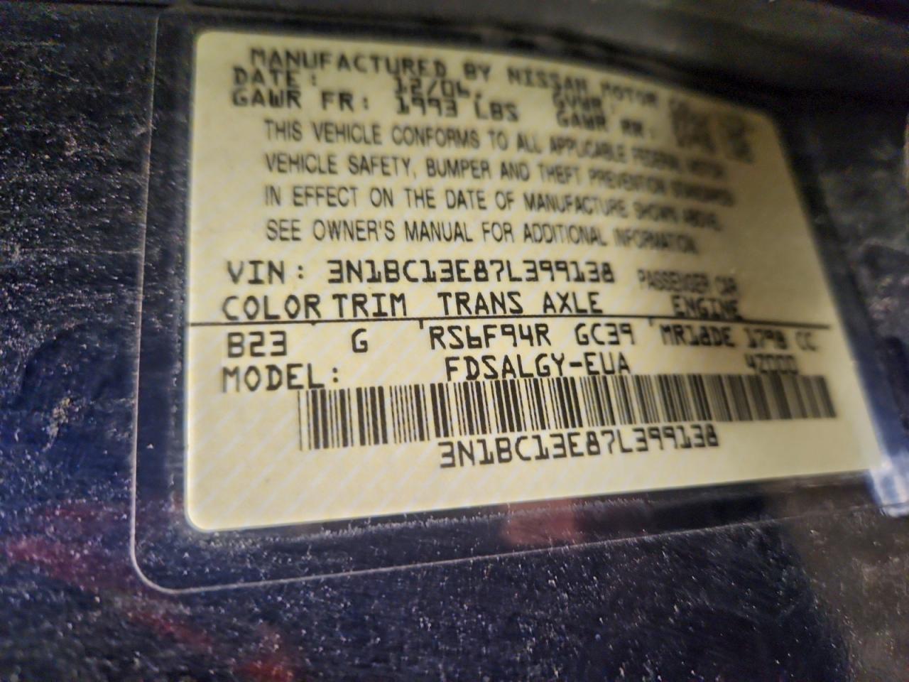 2007 Nissan Versa S VIN: 3N1BC13E87L399138 Lot: 96798055