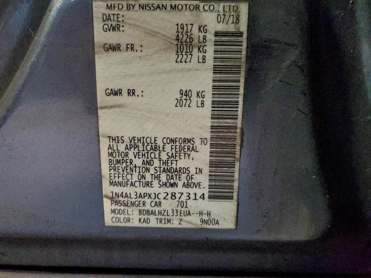 2018 Nissan Altima 2.5 VIN: 1N4AL3APXJC287314 Lot: 94903495