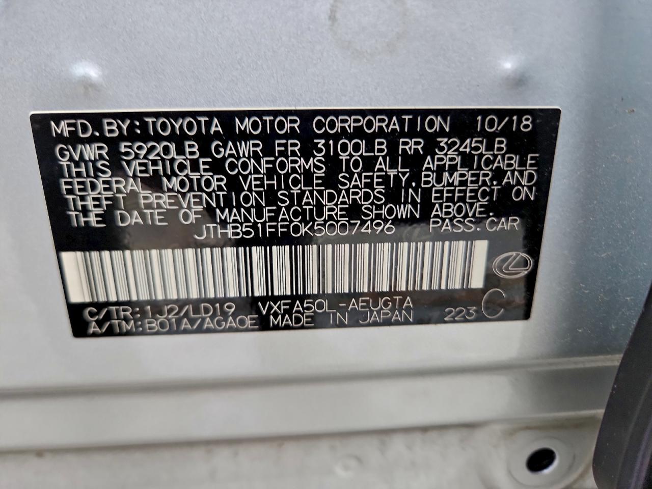 2019 Lexus Ls 500 Base VIN: JTHB51FF0K5007496 Lot: 95387515