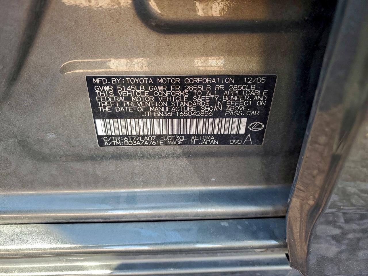 2006 Lexus Ls 430 VIN: JTHBN36F165042856 Lot: 94923305