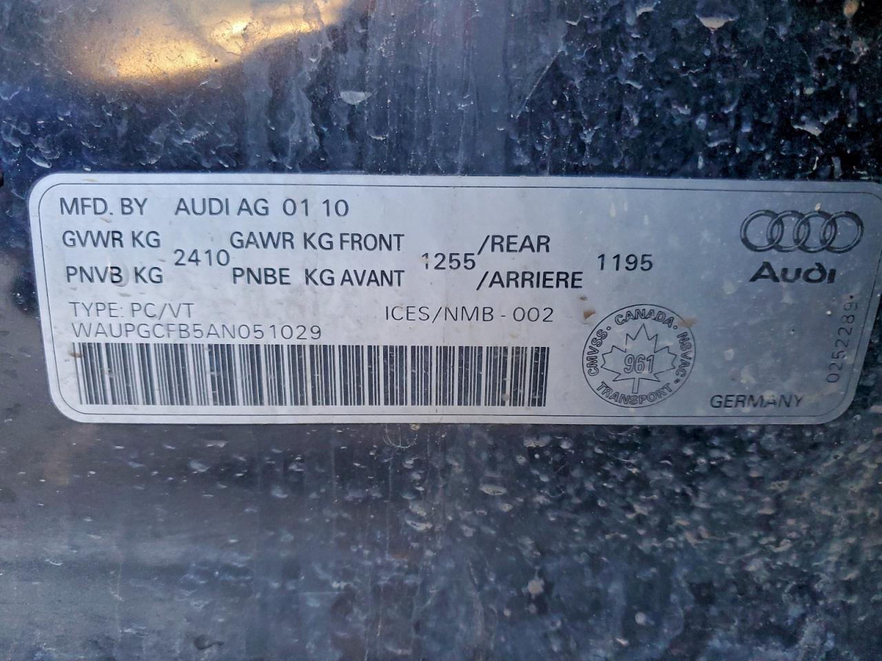 2010 Audi A6 Quattro VIN: WAUPGCFB5AN051029 Lot: 97250145