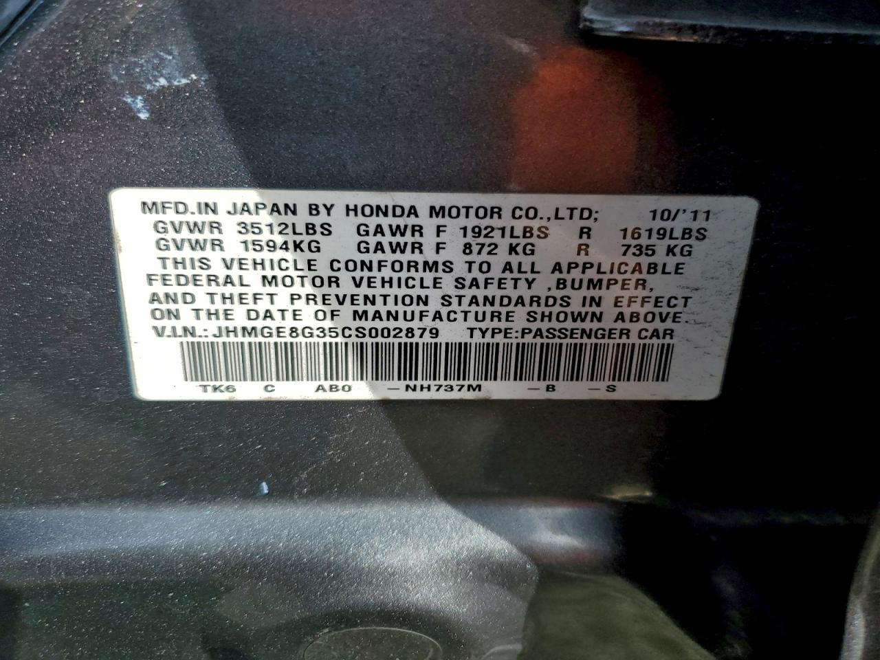 2012 Honda Fit VIN: JHMGE8G35CS002879 Lot: 94913105