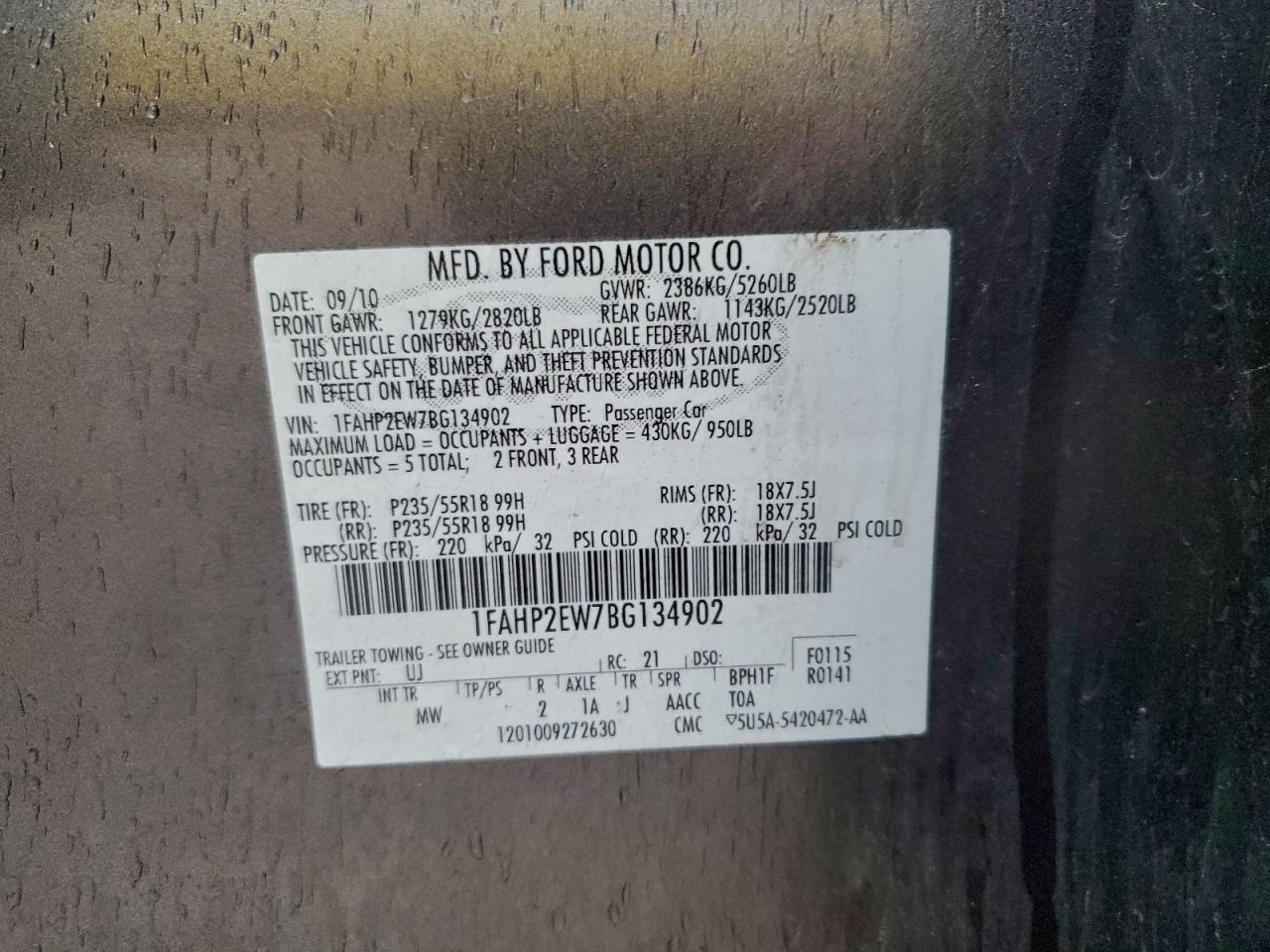 2011 Ford Taurus Sel VIN: 1FAHP2EW7BG134902 Lot: 94575335