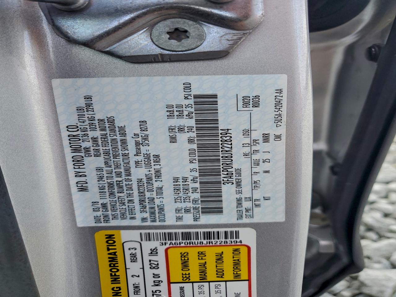 2018 Ford Fusion Titanium/Platinum Hev VIN: 3FA6P0RU8JR228394 Lot: 95877485