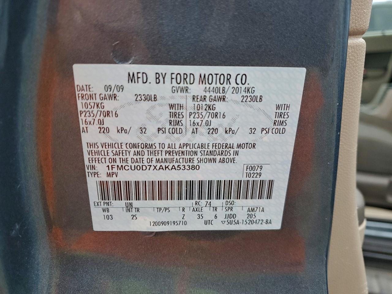 2010 Ford Escape Xlt VIN: 1FMCU0D7XAKA53380 Lot: 95113175