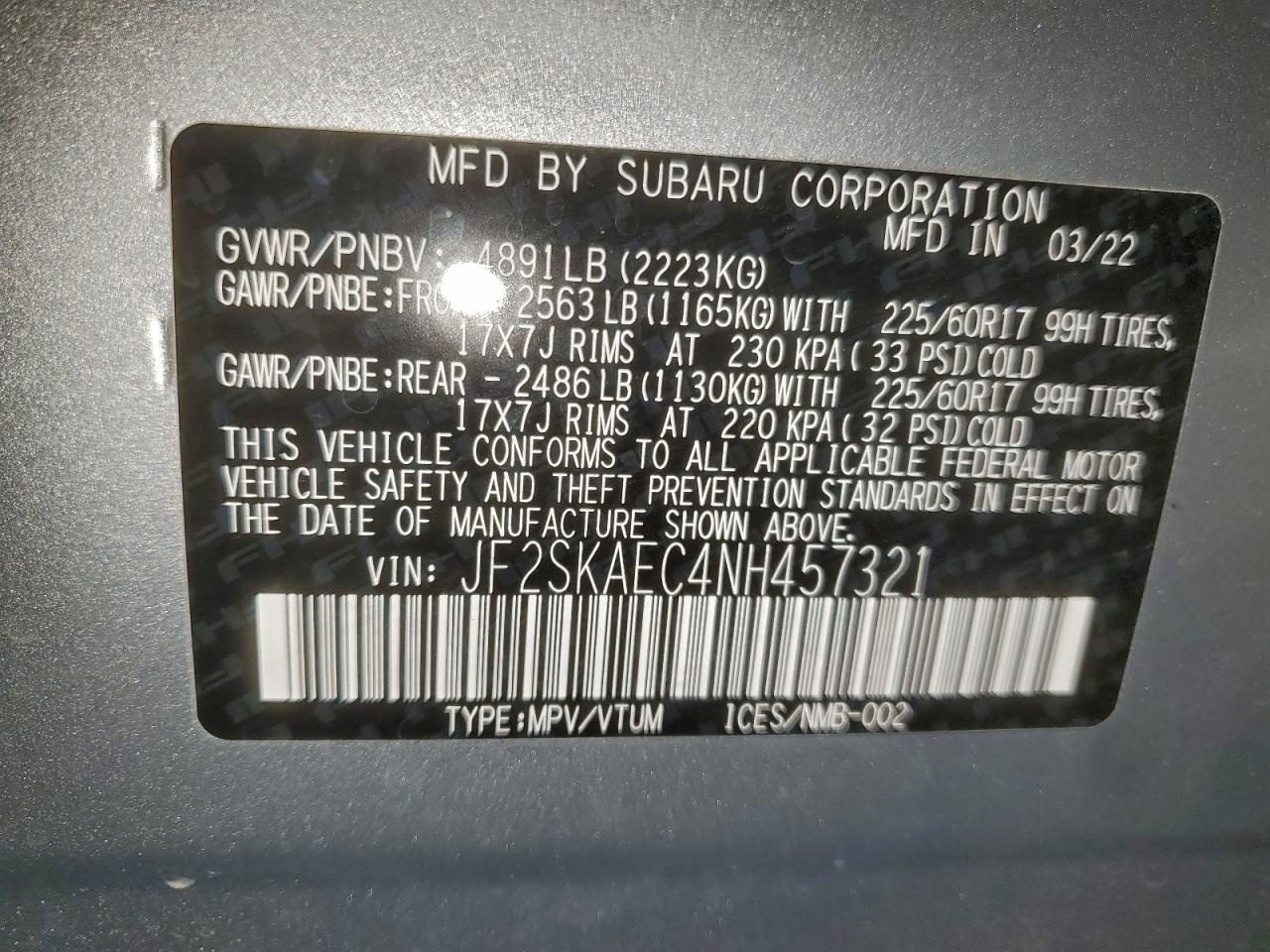 2022 Subaru Forester P VIN: 457321 Lot: 96849915