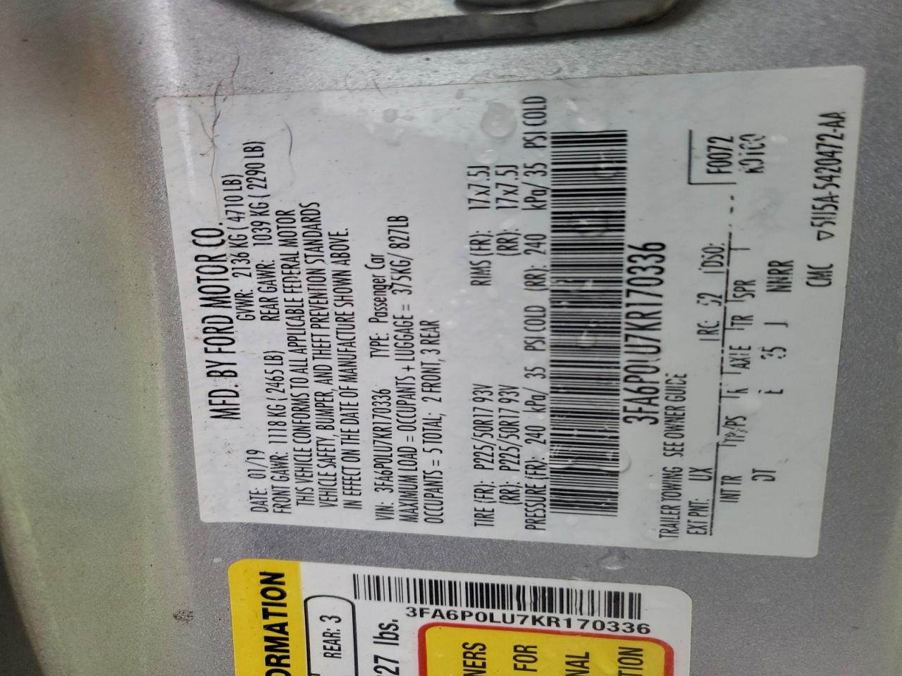 2019 Ford Fusion Se VIN: 3FA6P0LU7KR170336 Lot: 94735165