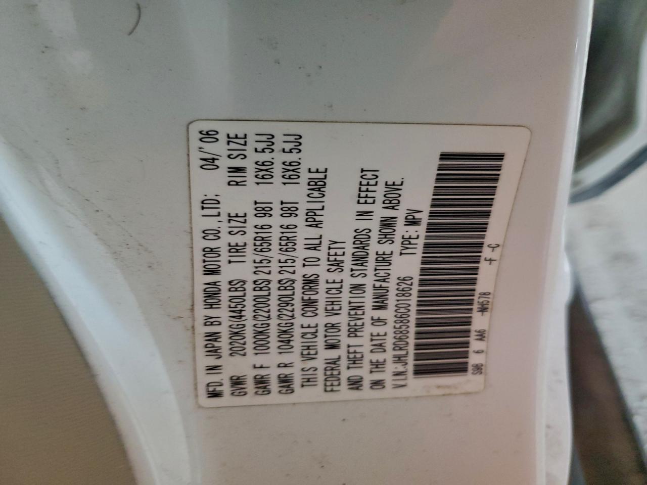 2006 Honda Cr-V Lx VIN: JHLRD68586C018626 Lot: 95029065