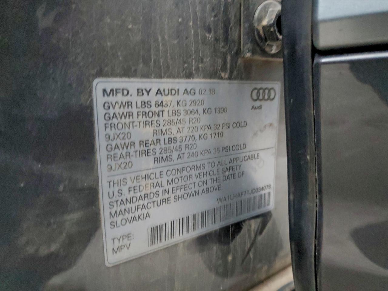 2018 Audi Q7 Premium Plus VIN: WA1LHAF71JD034078 Lot: 96002515