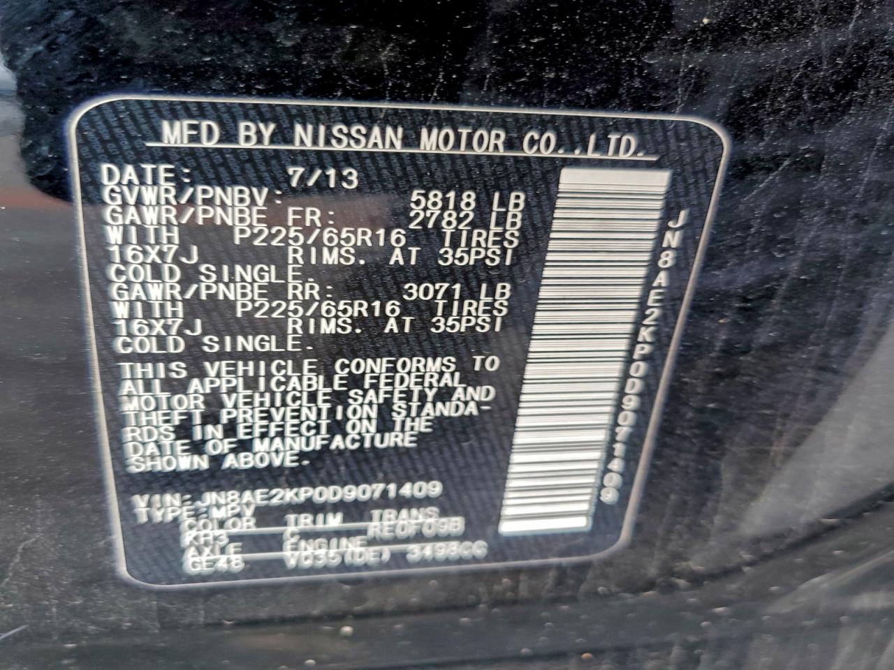 2013 Nissan Quest S VIN: JN8AE2KP0D9071409 Lot: 82501585