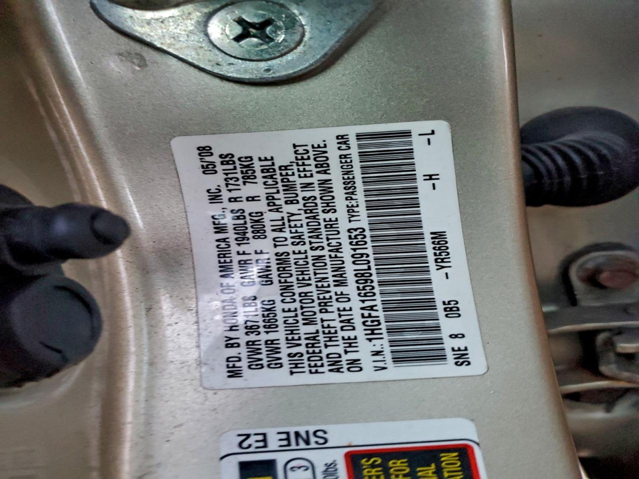 2008 Honda Civic Lx VIN: 1HGFA16598L091653 Lot: 95622325