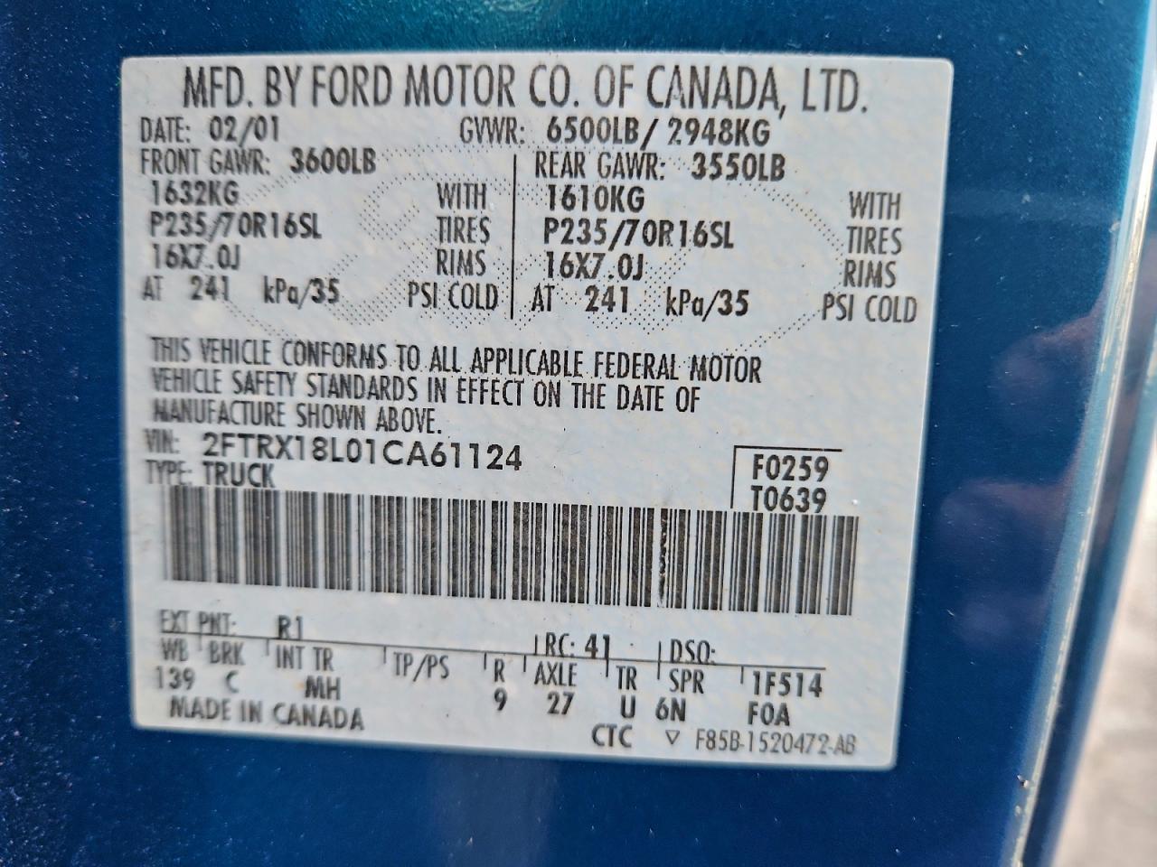 2001 Ford F150 VIN: 2FTRX18L01CA61124 Lot: 96549145