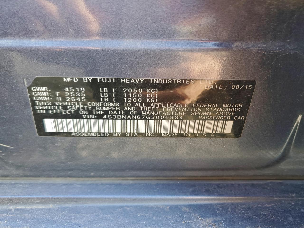 2016 Subaru Legacy 2.5I Limited VIN: 4S3BNAN67G3006934 Lot: 92761155