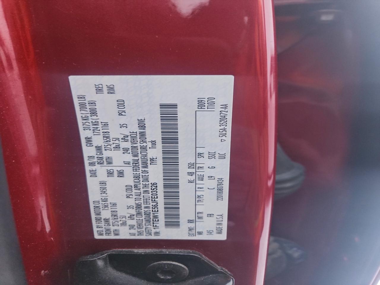 2018 Ford F150 Supercrew VIN: 1FTEW1E56JFE03526 Lot: 94065405