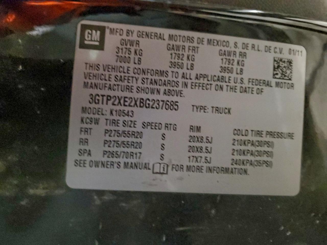 2011 GMC Sierra K1500 Denali VIN: 3GTP2XE2XBG237685 Lot: 96974505